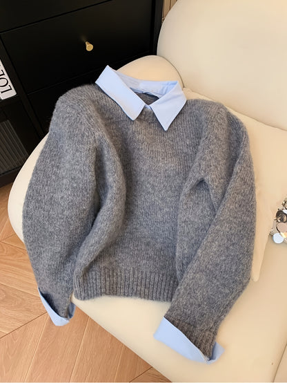 Koriora | Women's Knitted Jumper with Shirt Collar – Elegant Relaxed Fit