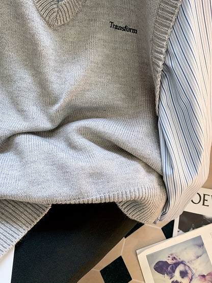 Ensemble 2 Pièces Femme – Chemise Rayée & Gilet en Maille à Col V