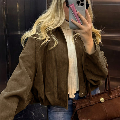 Women's Suede-Effect Zip Jacket with Shirt Collar