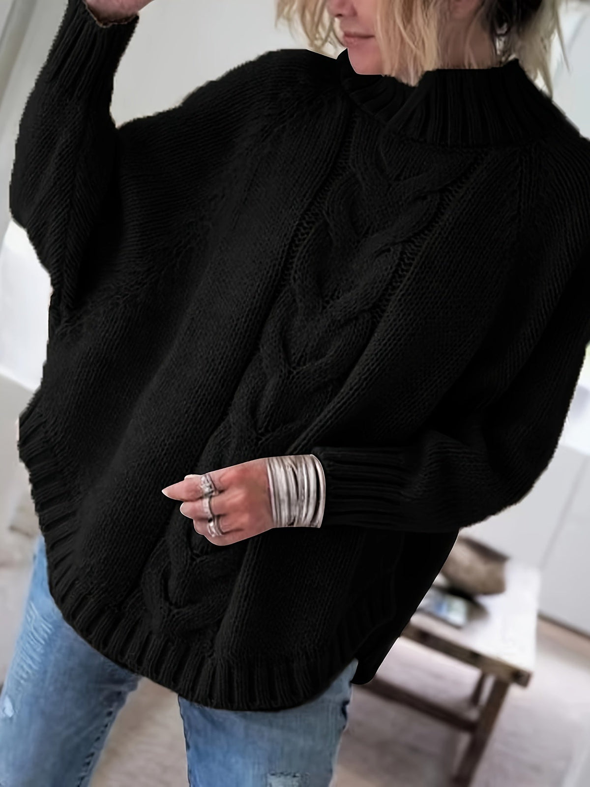 Pull Femme Poudré à Torsades  Maille Ample & Col Montant