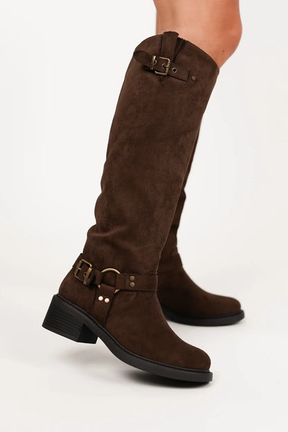 Women's Leather Equestrian Knee-High Boots with Buckles & Block Heel in Black
