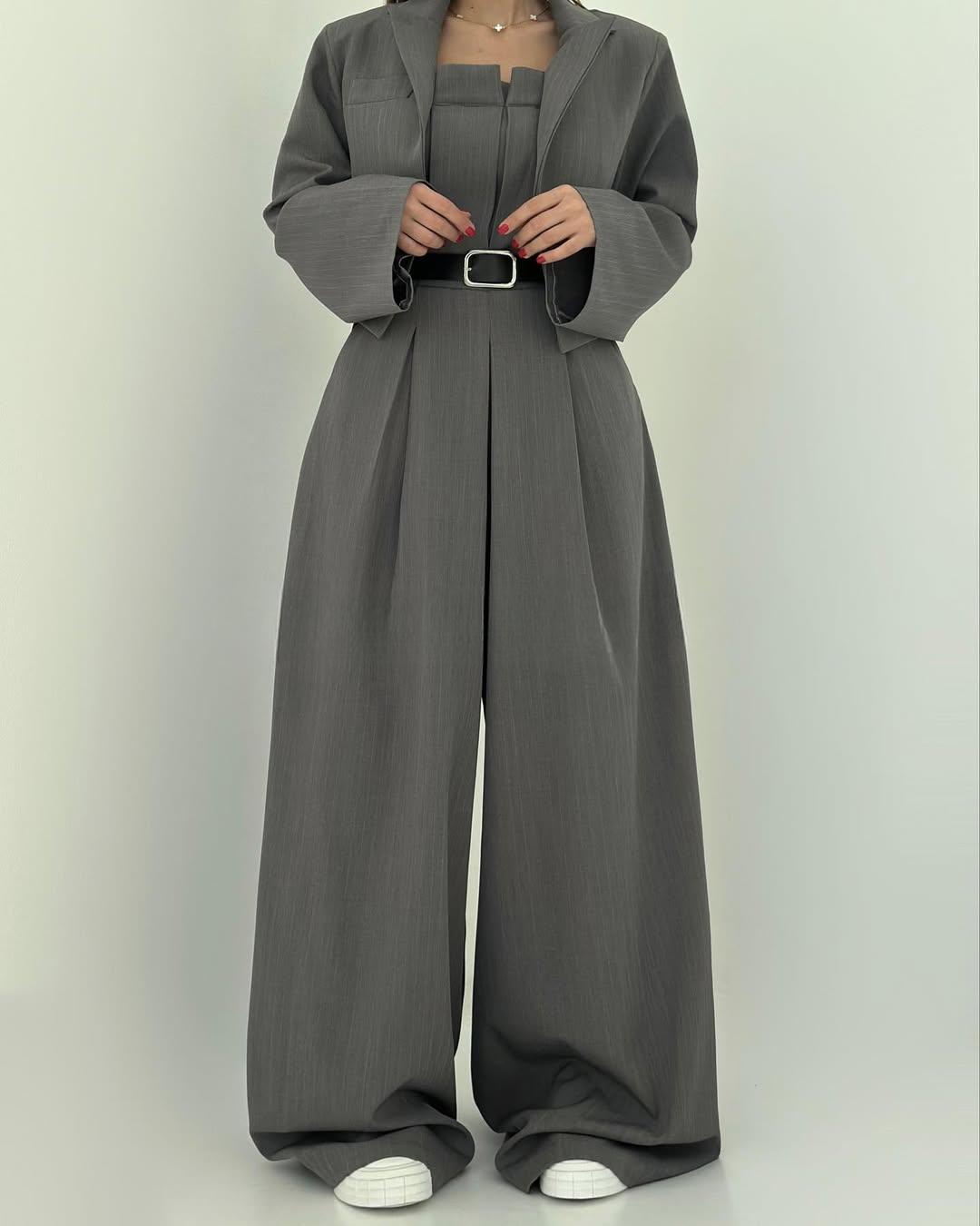 Koriora | Combinaison Tailleur 3 Pièces Noire — Bustier Structuré, Pantalon Large & Veste Coordonnée