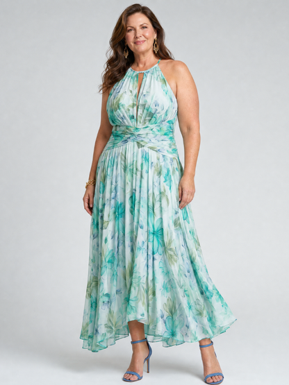 Koriora | Robe Midi Halter Plissée Keyhole — Légère & Élégante