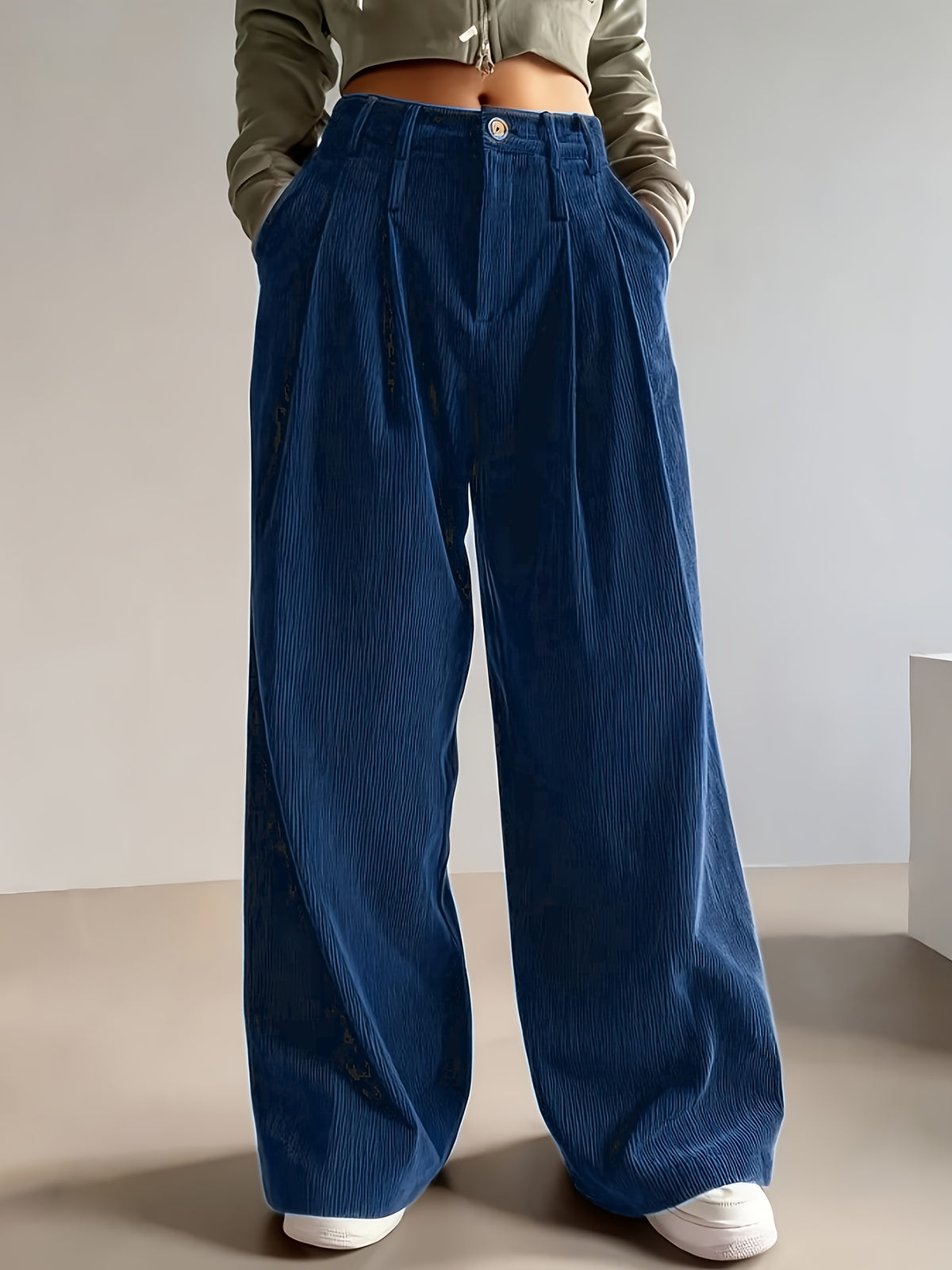 Pantalon Femme Côtelé Taille Haute à Coupe Large Décontracté Élégant