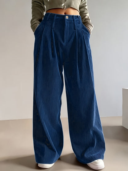 Pantalon Femme Côtelé Taille Haute à Coupe Large Décontracté Élégant