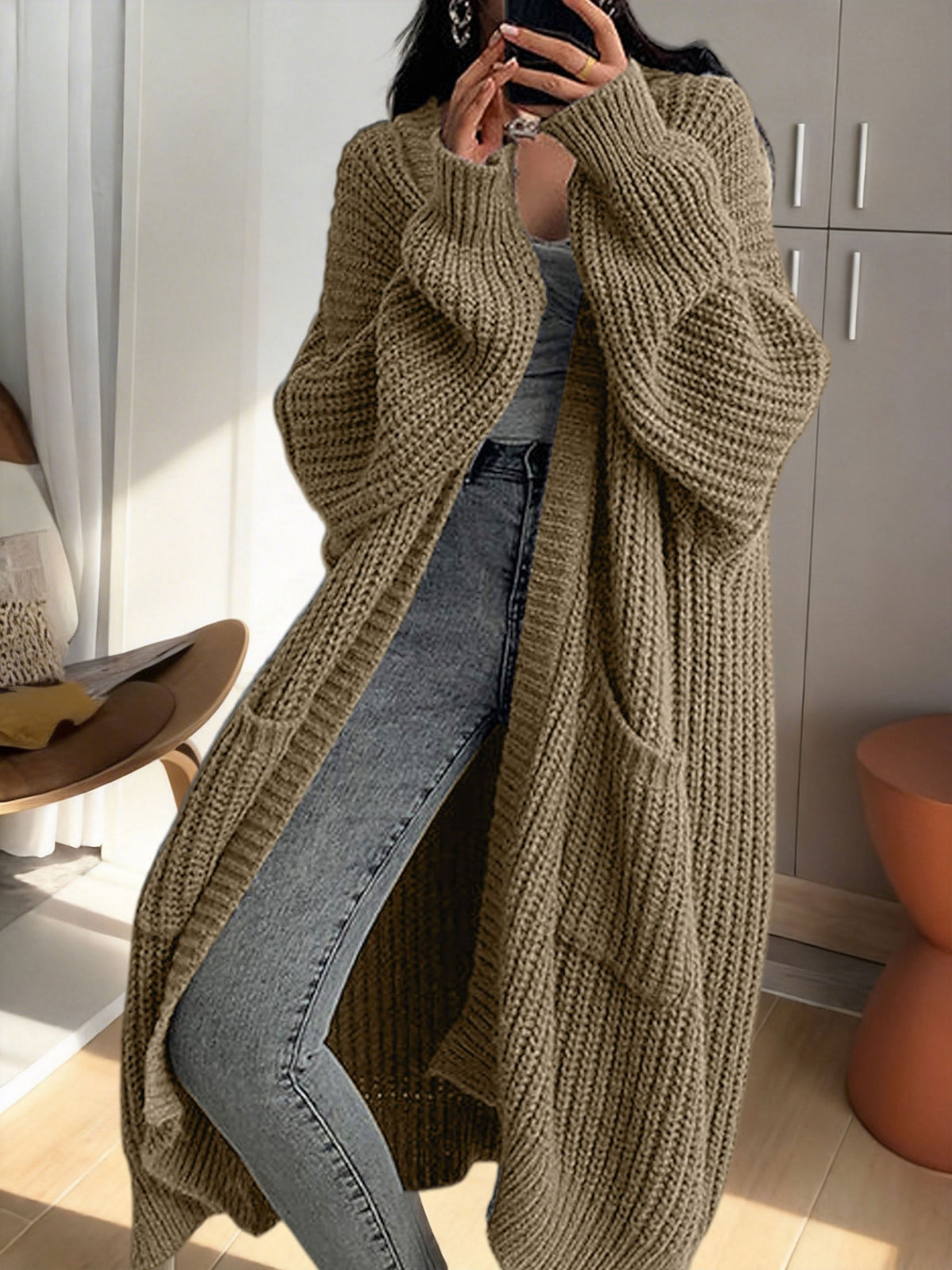Gilet Femme Long en Maille Douce à Manches Longues