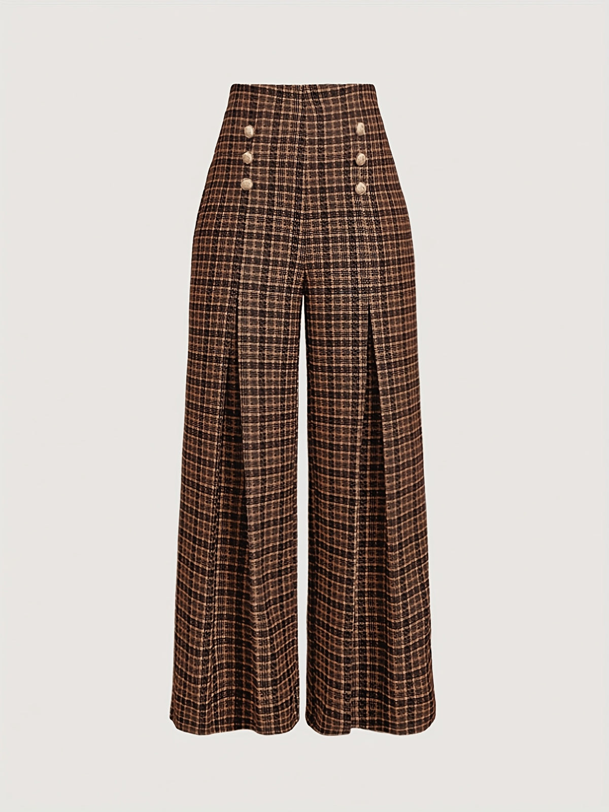 Pantalon Femme Large à Carreaux Marron  Taille Haute & Boutons Dorés