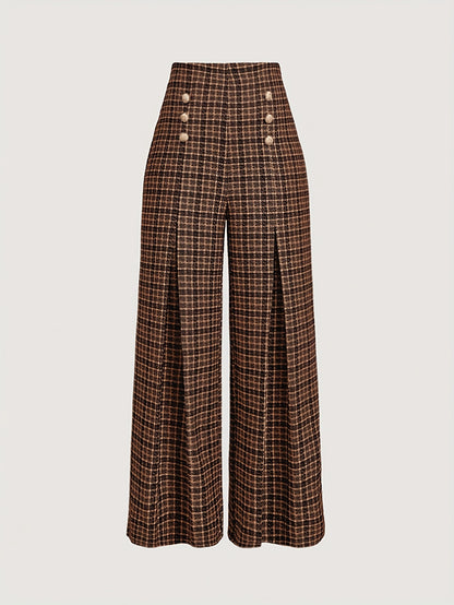 Pantalon Femme Large à Carreaux Marron  Taille Haute & Boutons Dorés