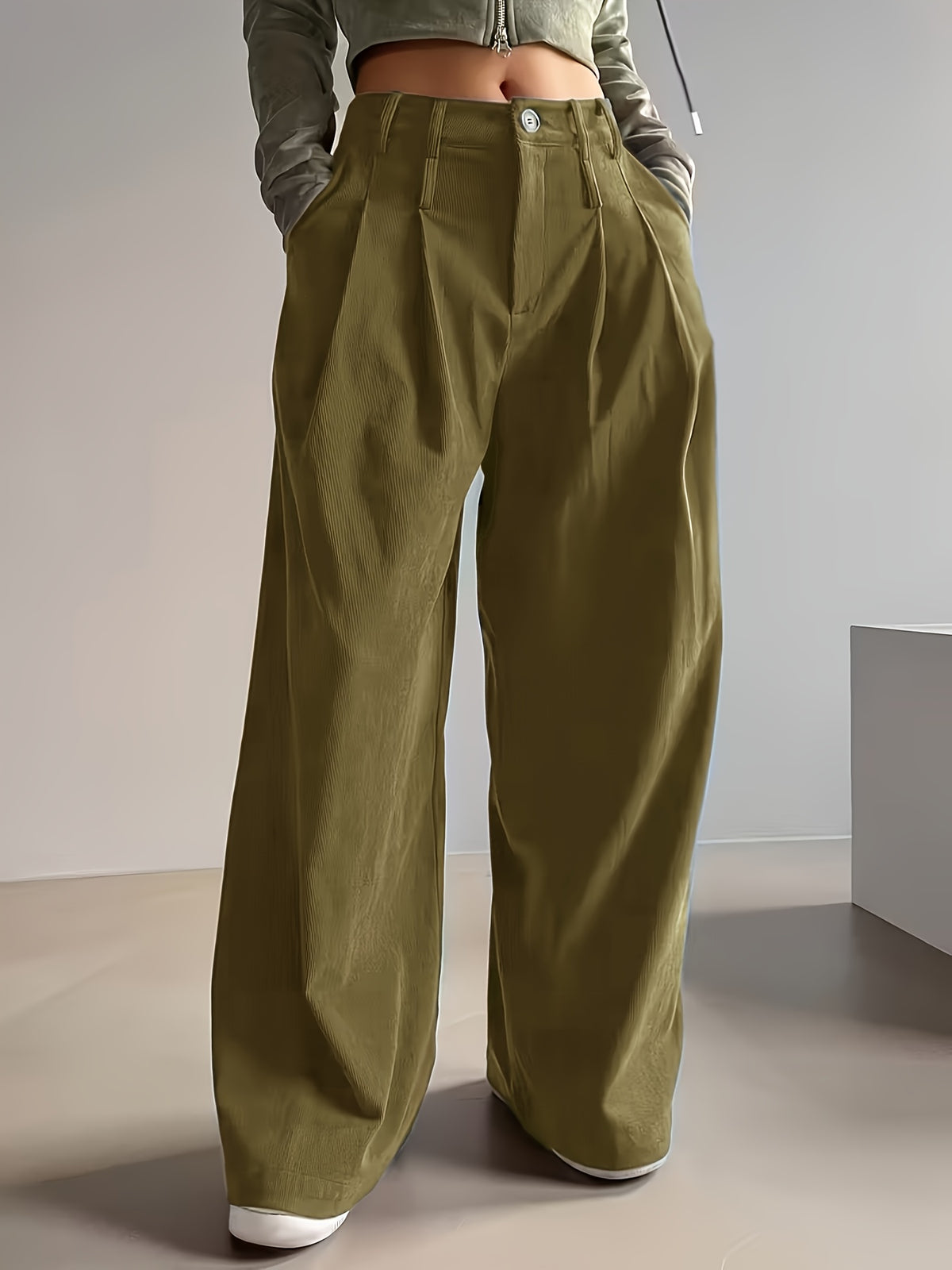 Pantalon Femme Côtelé Taille Haute à Coupe Large Décontracté Élégant