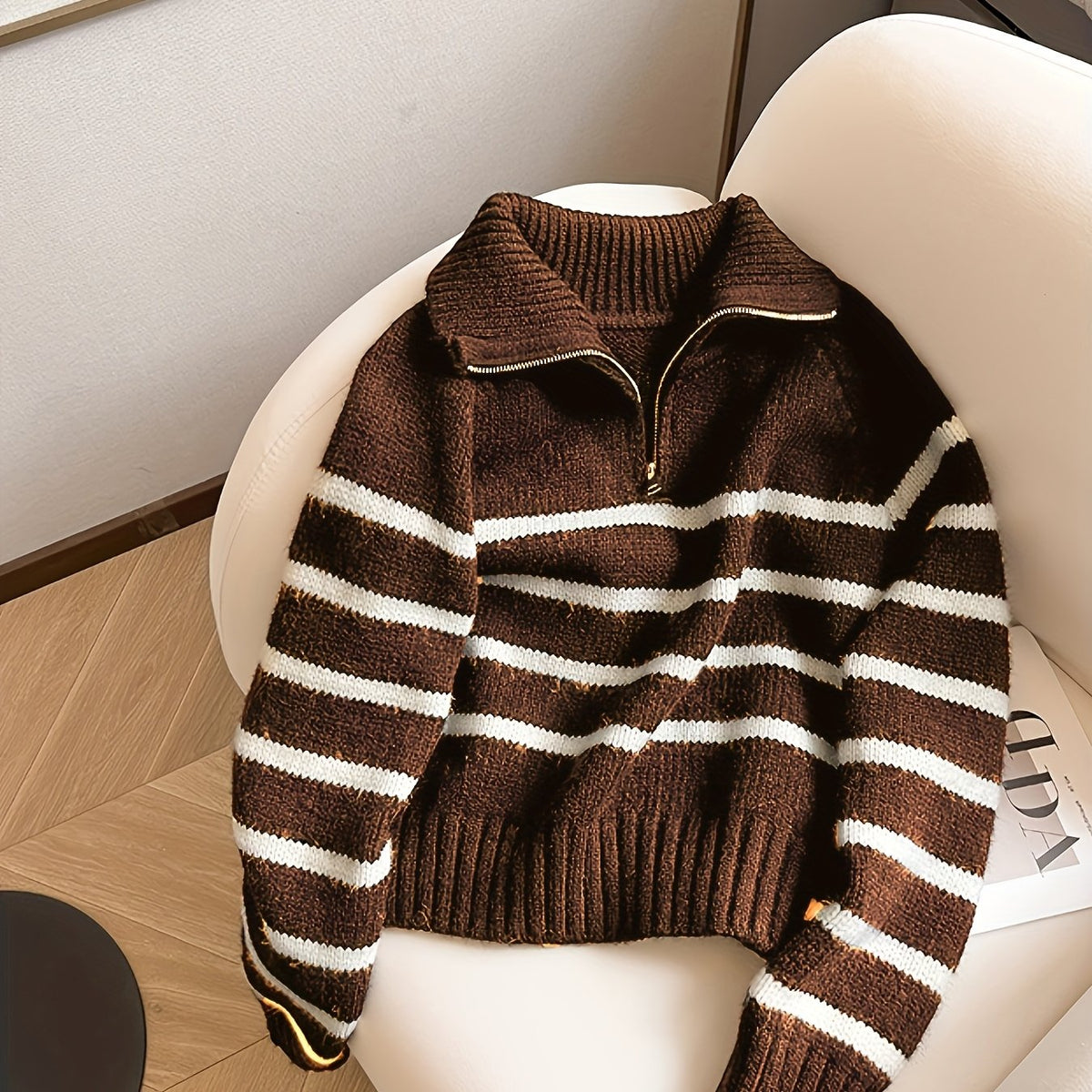 Pull Femme Rayé à Col Zippé en Maille Épaisse
