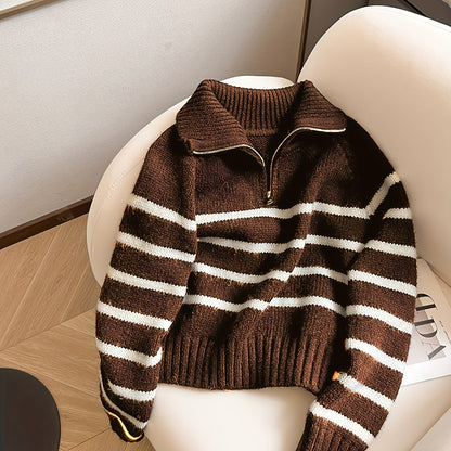 Pull Femme Rayé à Col Zippé en Maille Épaisse