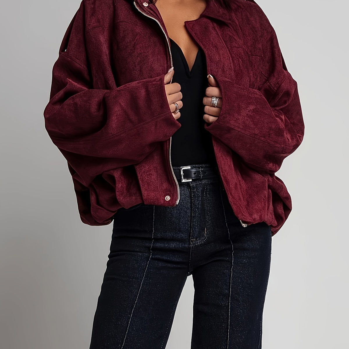 Veste Femme Bordeaux Effet Daim Oversize – Zippée à Col Revers