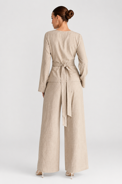 Koriora | Ensemble 2 Pièces Drapé Palazzo Taupe — Cache-Cœur Asymétrique & Élégance Fluide