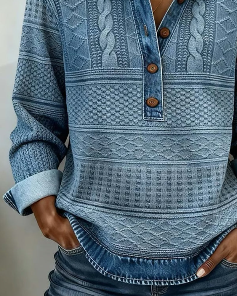 Koriora | Denim-Effect Knitted Polo-Neck Top — Half-Button Fastening and Relaxed Everyday Elegance