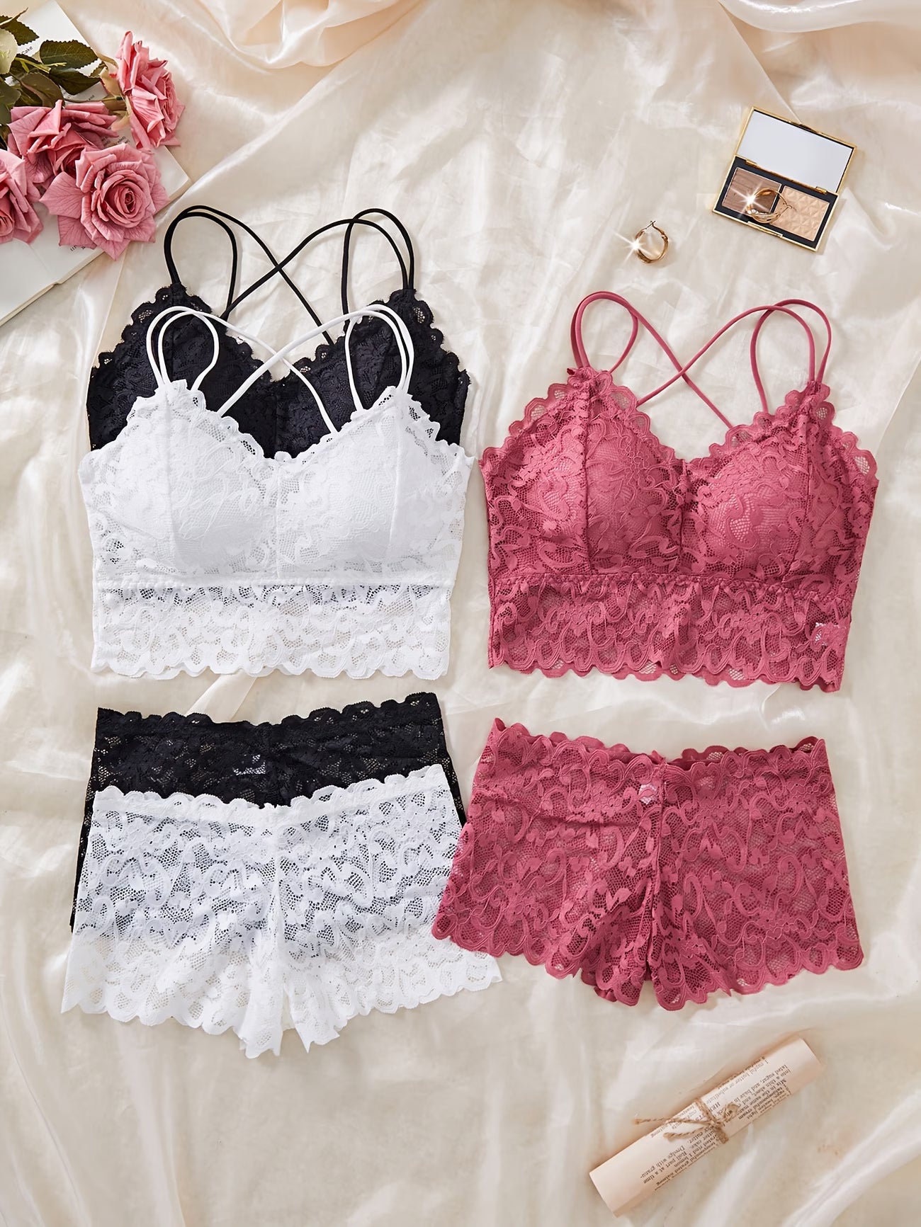 Koriora | Lot de 3 Ensembles Lingerie Dentelle — Brassière & Shorty Sans Armatures | Rose · Blanc · Noir