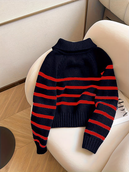 Pull Femme Rayé à Col Zippé en Maille Épaisse
