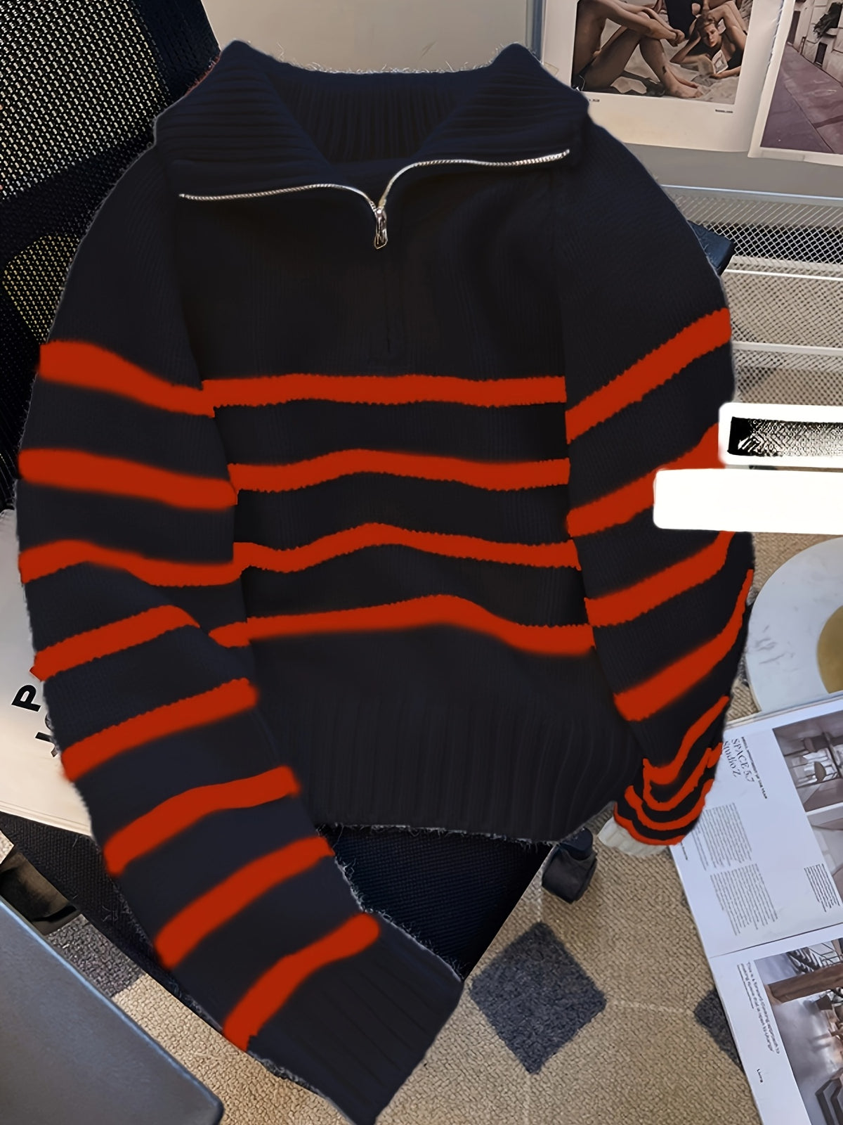Pull Femme Rayé à Col Zippé en Maille Épaisse