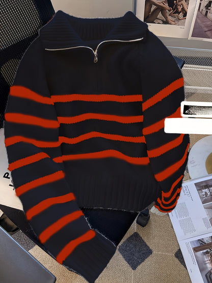 Pull Femme Rayé à Col Zippé en Maille Épaisse