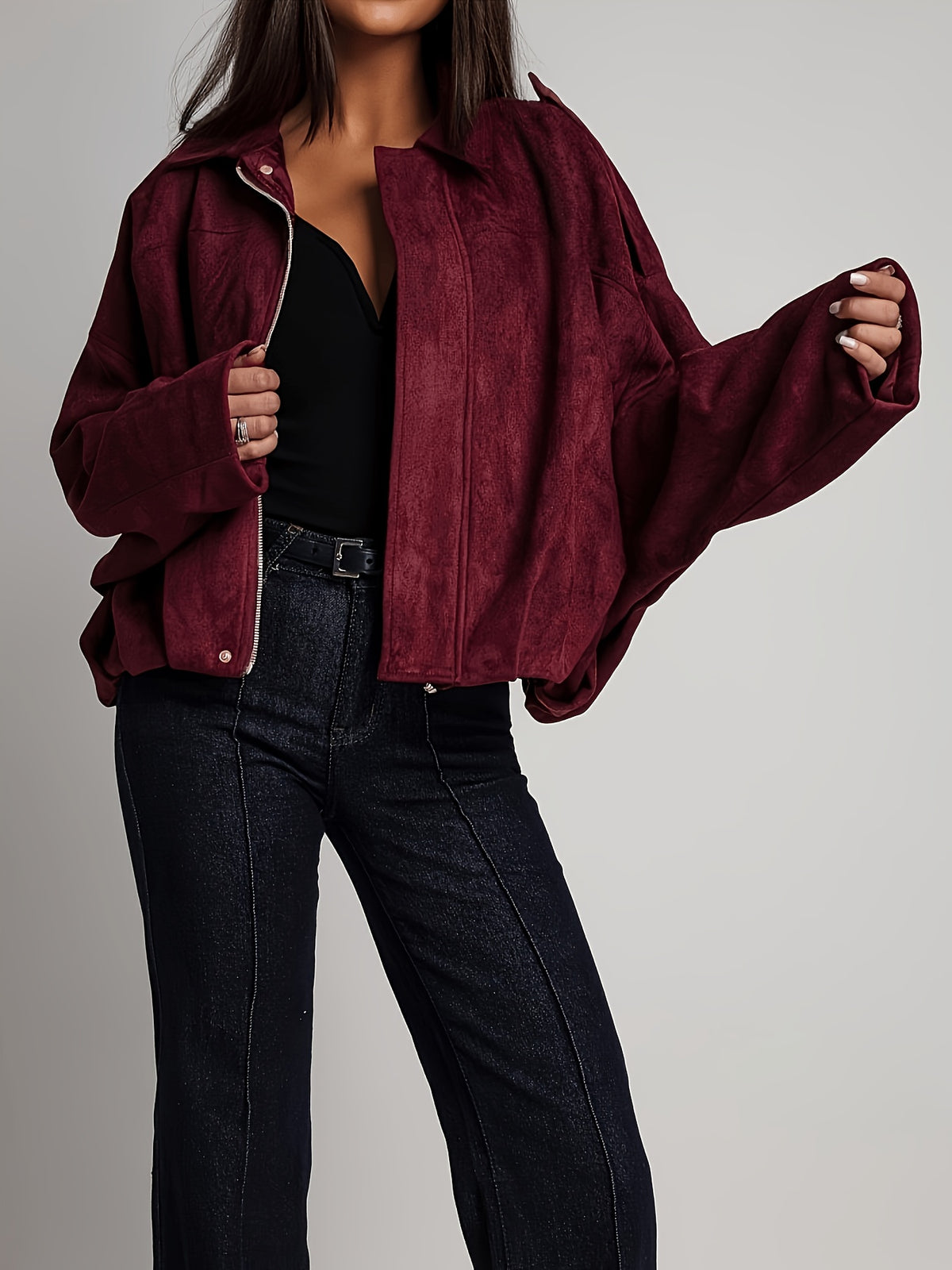 Veste Femme Bordeaux Effet Daim Oversize – Zippée à Col Revers