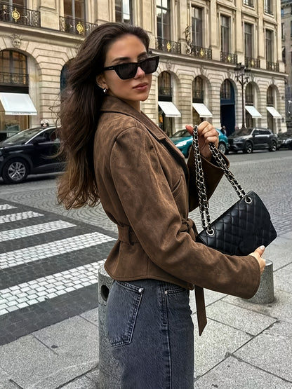 Veste Femme Marron Effet Daim à Ceinture – Coupe Courte & Col à Revers