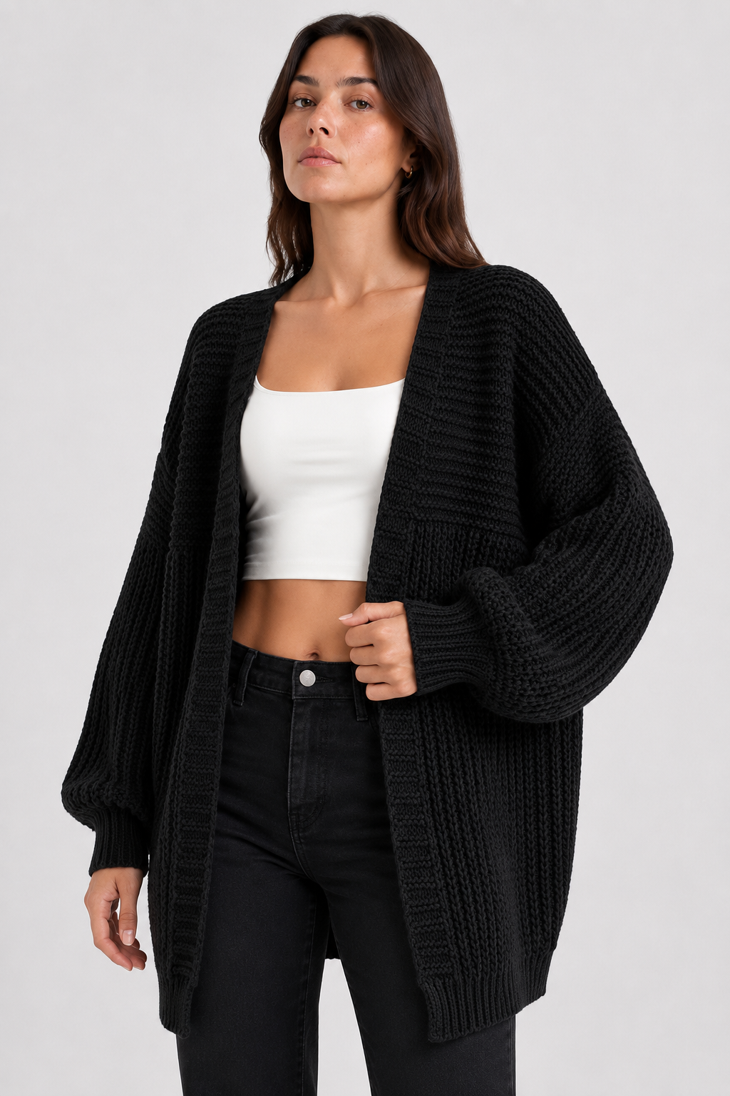 Koriora | "Alba" Oversized Long Ribbed Cardigan — Button-Through V-Neck with Patch Pockets, Black