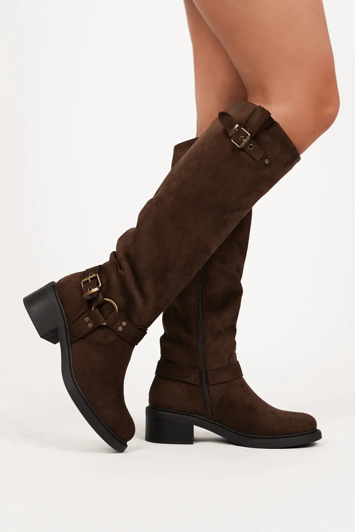 Women's Leather Equestrian Knee-High Boots with Buckles & Block Heel in Black