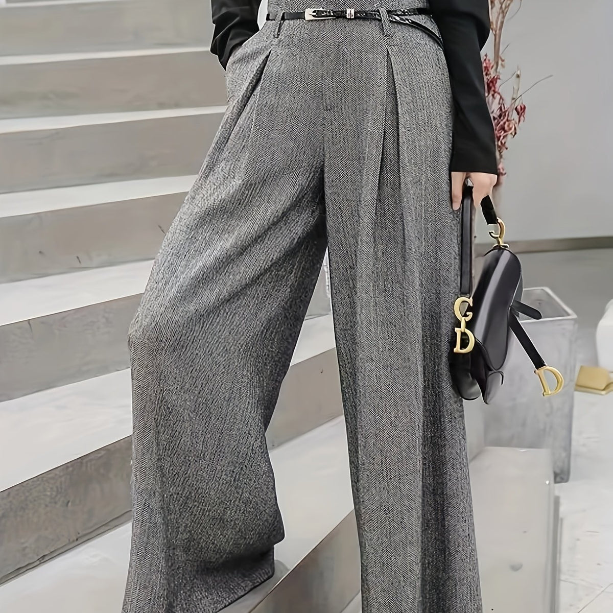 Pantalon Femme Large Gris Taille Haute  Coupe Tailleur à Plis