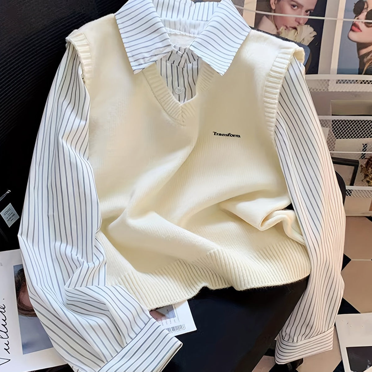 Ensemble 2 Pièces Femme – Chemise Rayée & Gilet en Maille à Col V