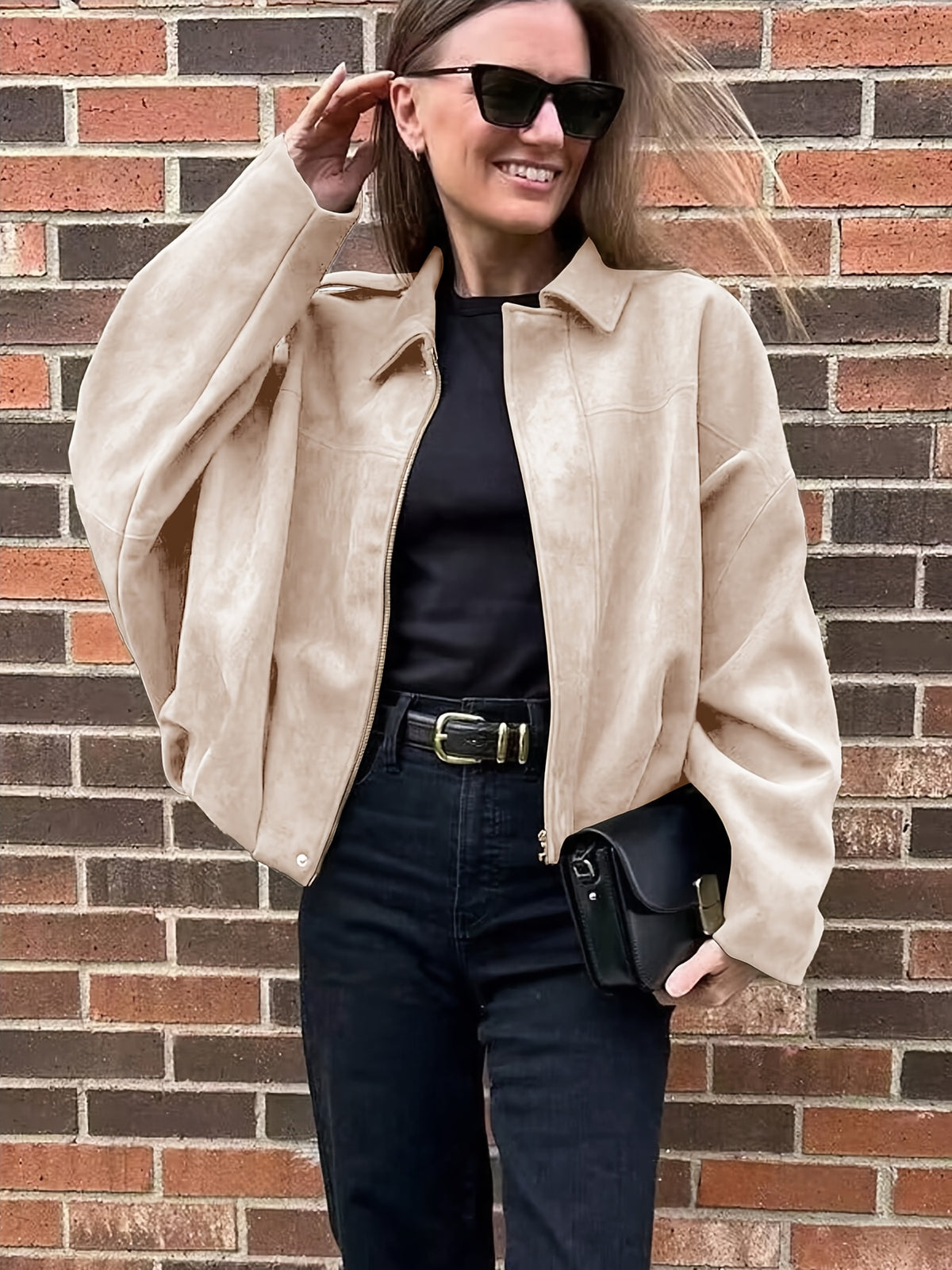 Women's Suede-Effect Zip Jacket with Shirt Collar
