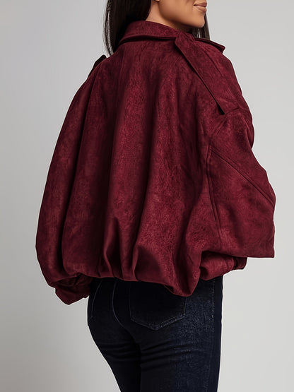 Veste Femme Bordeaux Effet Daim Oversize – Zippée à Col Revers