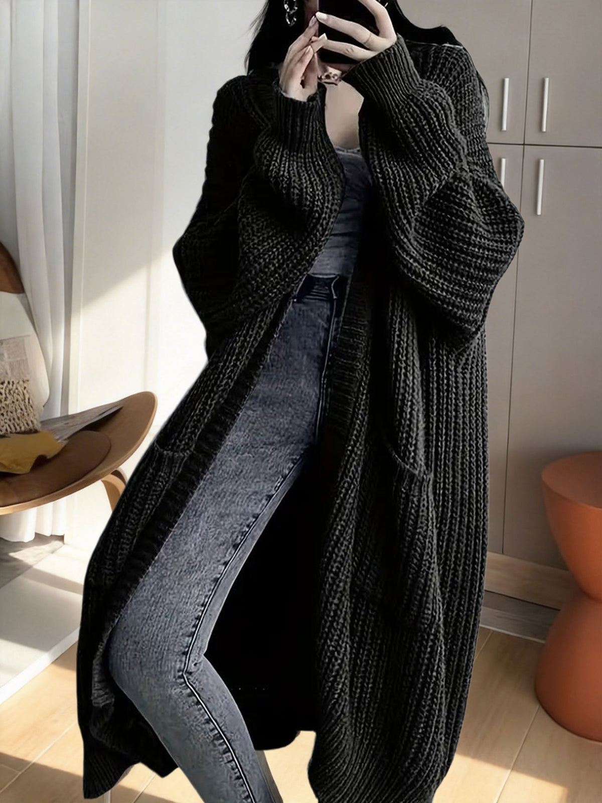 Gilet Femme Long en Maille Douce à Manches Longues