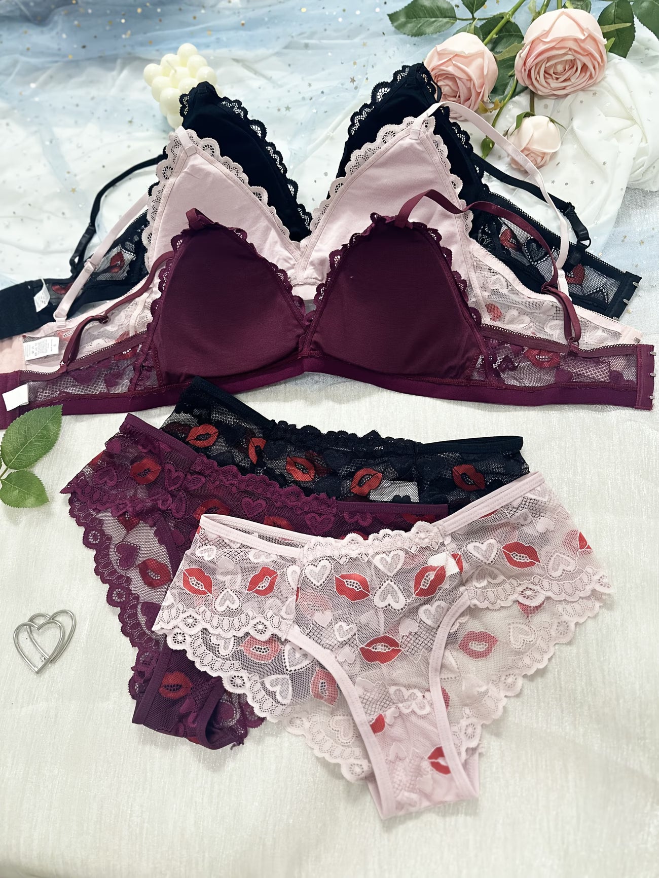 Koriora | Lot de 3 Ensembles Lingerie Dentelle Romantique — Soutien-Gorge & Culotte Taille Basse