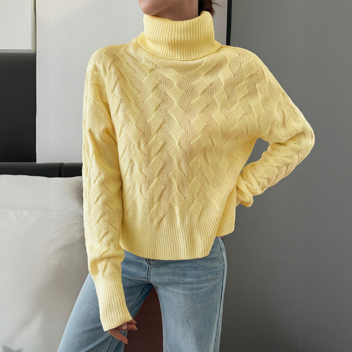 Koriora | "Margaux" High-Neck Cable-Knit Jumper — Soft Stretch Knit, Butter / Cream / Pink