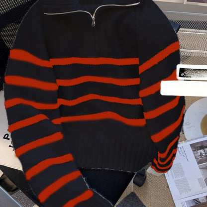 Pull Femme Rayé à Col Zippé en Maille Épaisse
