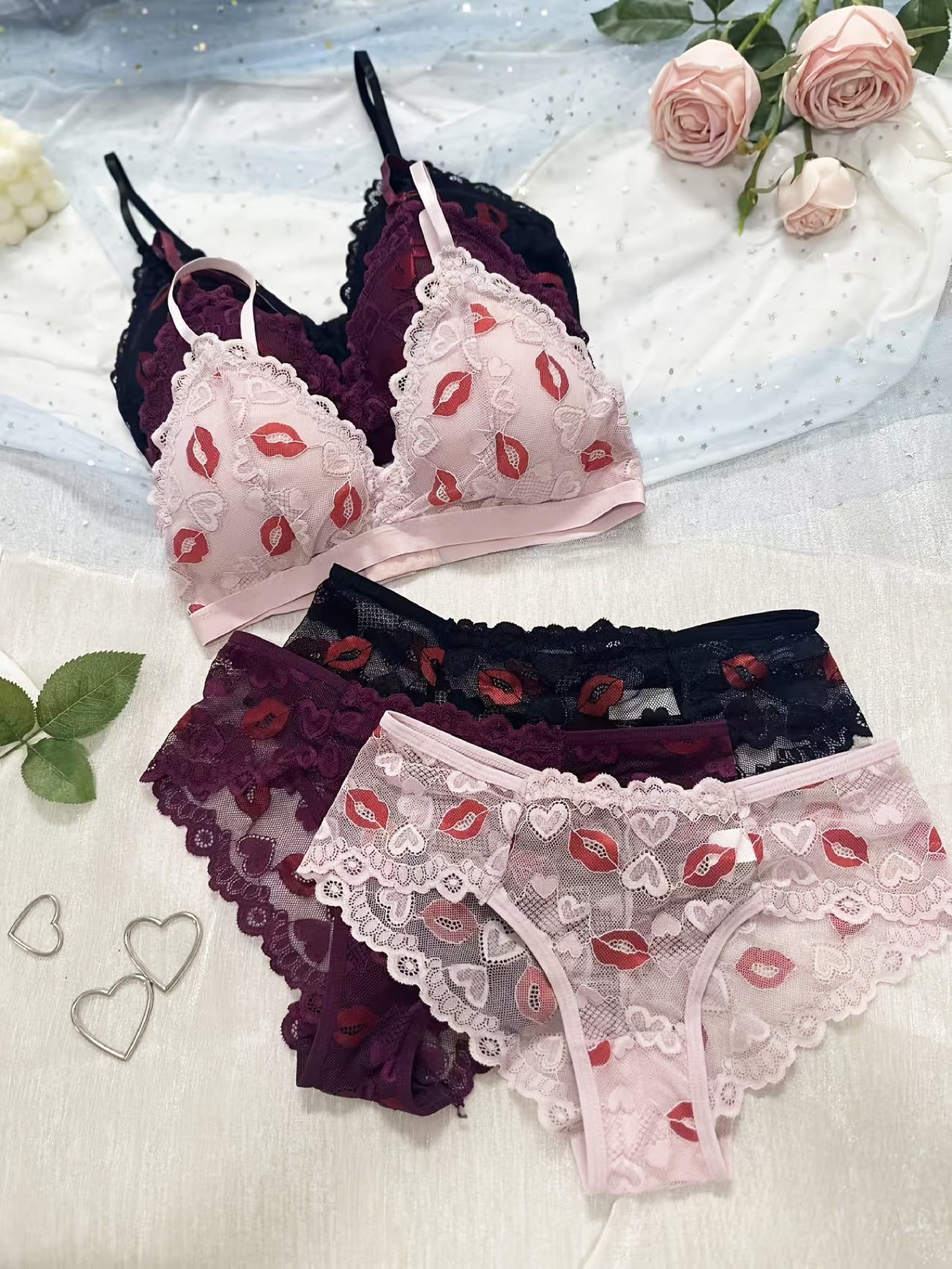 Koriora | Lot de 3 Ensembles Lingerie Dentelle Romantique — Soutien-Gorge & Culotte Taille Basse