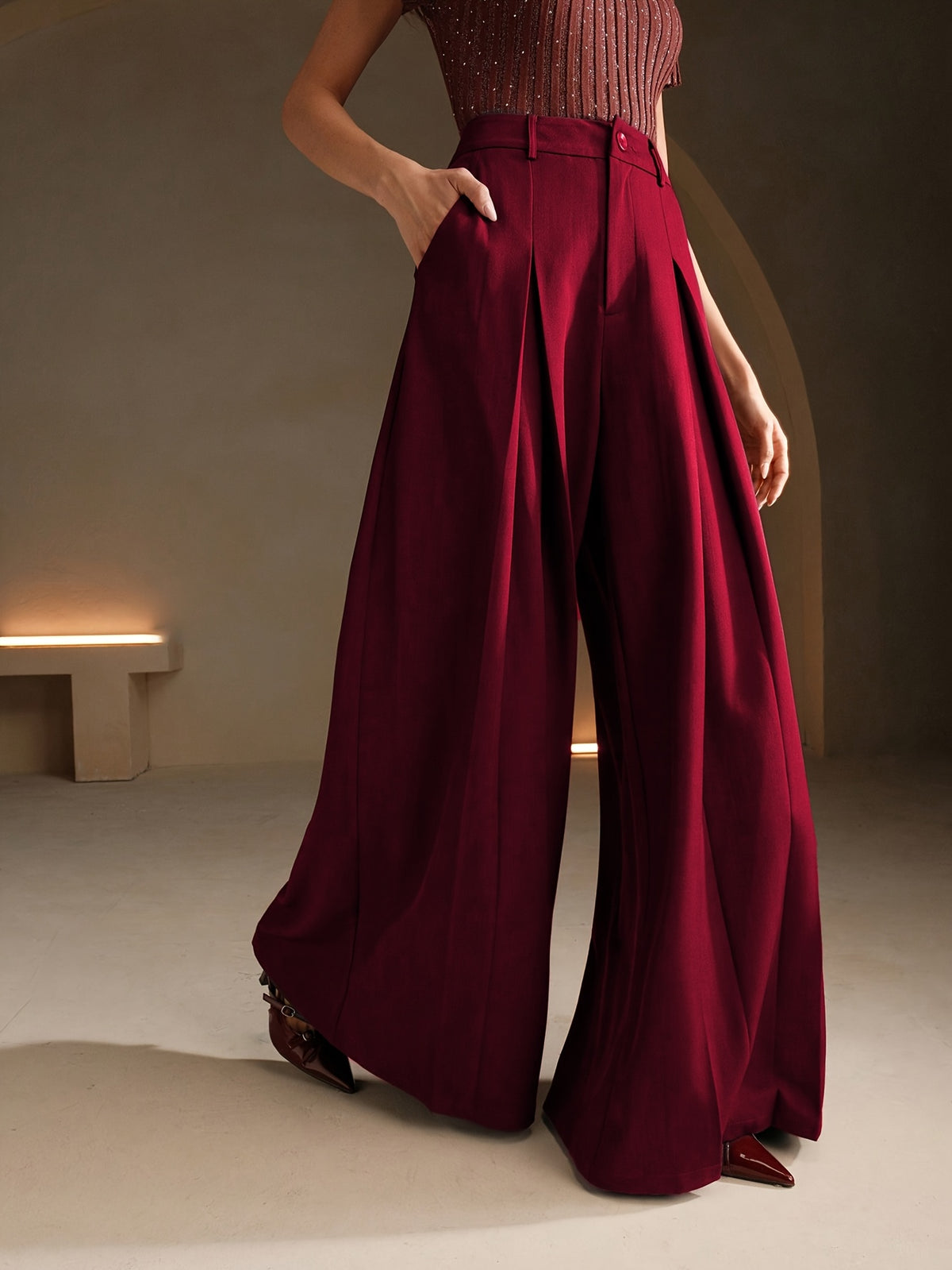 Pantalon Palazzo Femme Taille Haute  Coupe Très Large à Plis