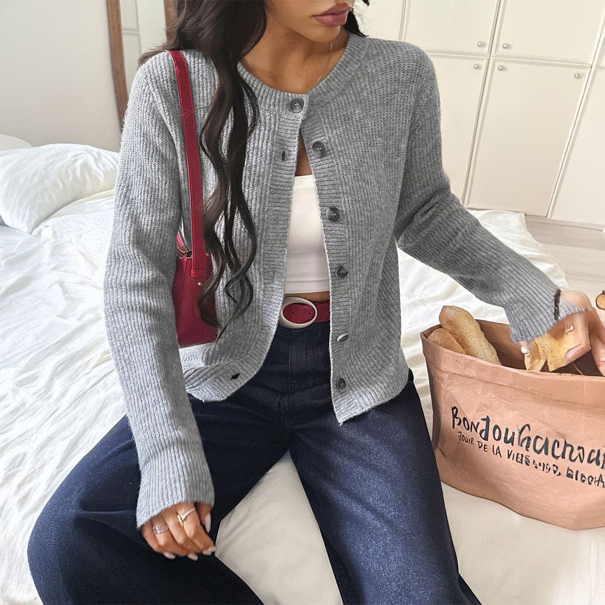 Koriora | "Céleste" Cropped Ribbed Button-Through Cardigan — Soft Knit, Round Neck, Grey