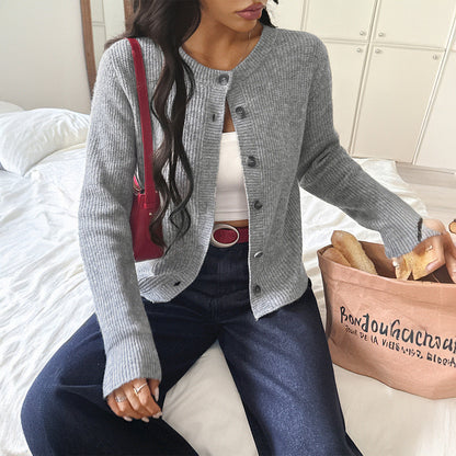 Koriora | "Céleste" Cropped Ribbed Button-Through Cardigan — Soft Knit, Round Neck, Grey