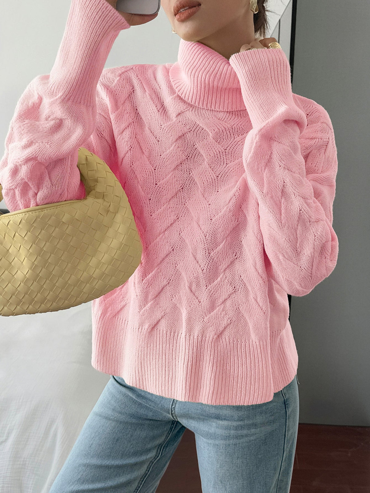 Koriora | "Margaux" High-Neck Cable-Knit Jumper — Soft Stretch Knit, Butter / Cream / Pink