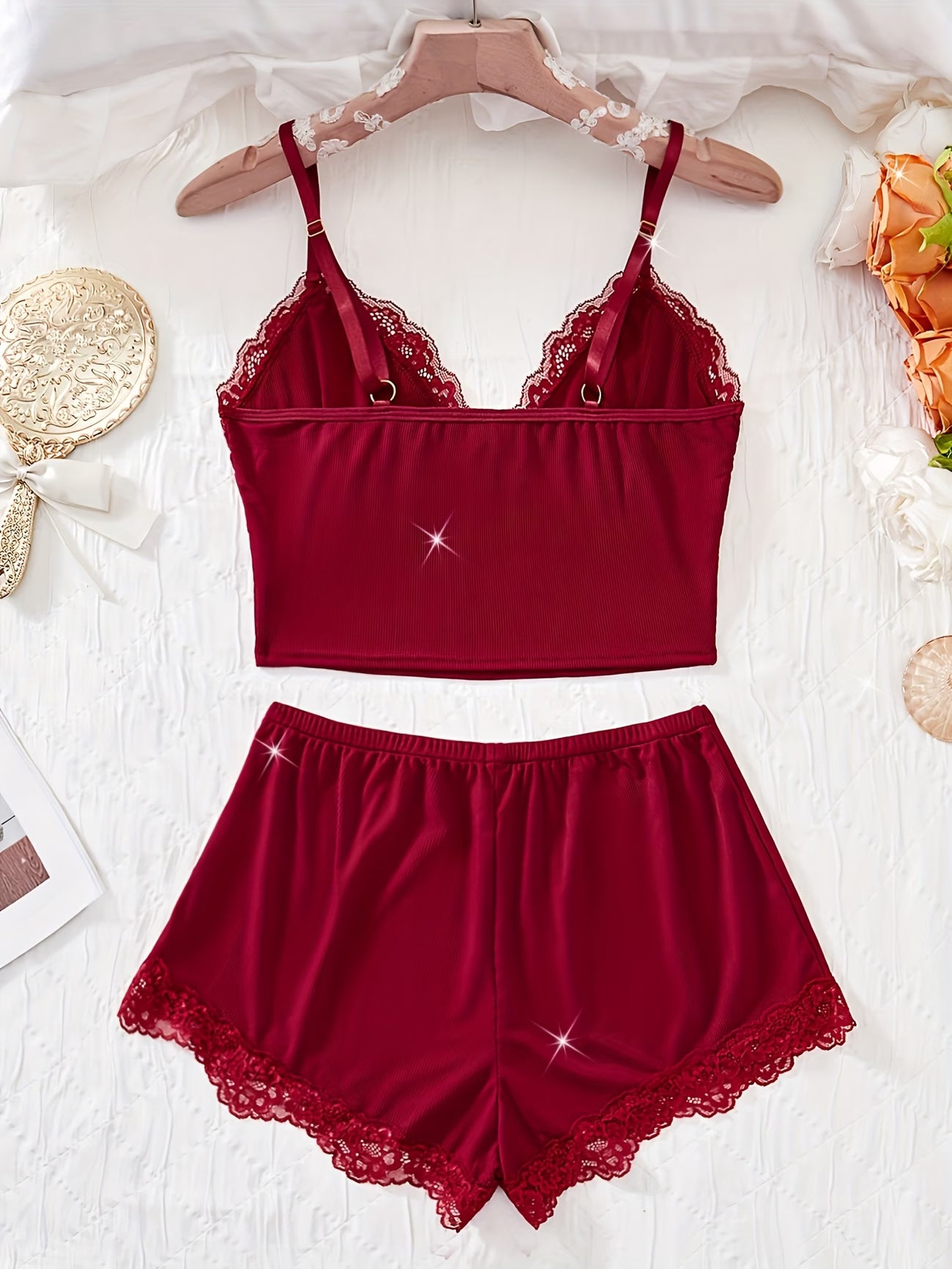 Koriora | Ensemble Pyjama Côtelé Femme — Débardeur Col V & Short Dentelle Confort