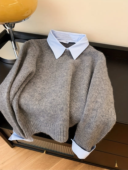 Koriora | Women's Knitted Jumper with Shirt Collar – Elegant Relaxed Fit