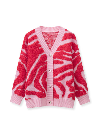 Koriora | "Safira" Zebra-Print Bouclé Cardigan — Loose Fit, V-Neck, Multicolour
