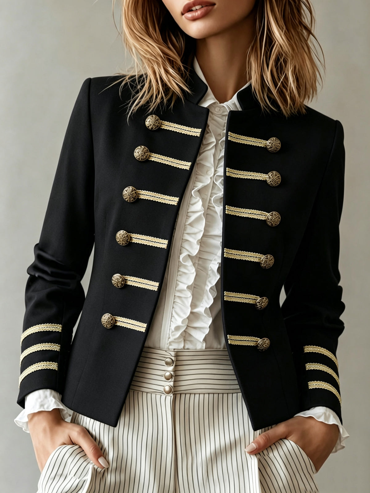 Women's Structured Blazer with Gold-Tone Buttons and Trim