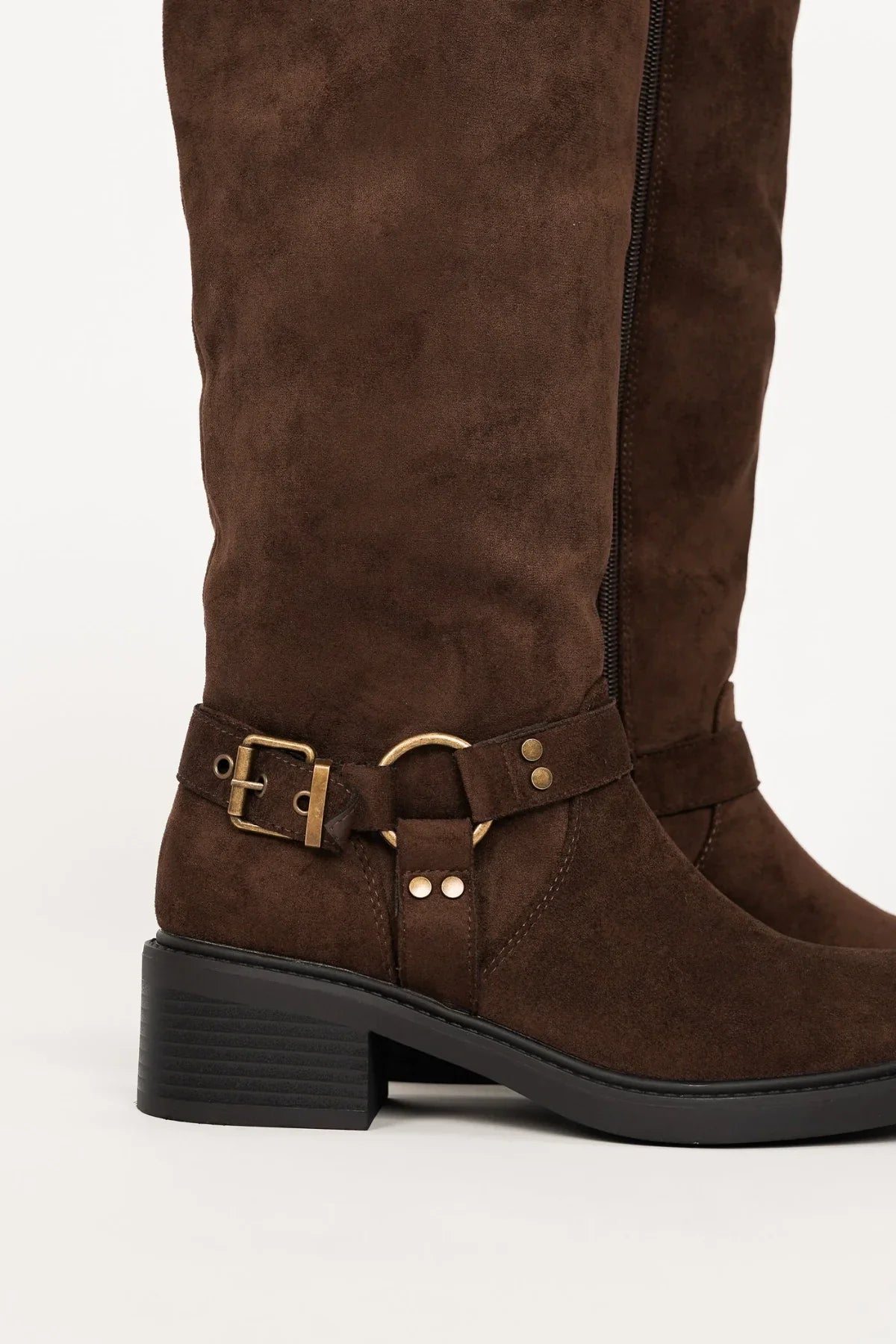 Women's Leather Equestrian Knee-High Boots with Buckles & Block Heel in Black
