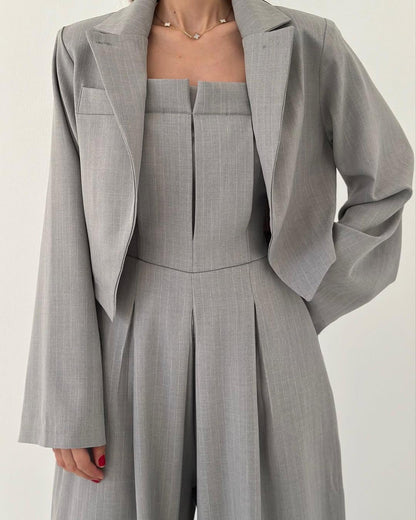 Koriora | Combinaison Tailleur 3 Pièces Noire — Bustier Structuré, Pantalon Large & Veste Coordonnée