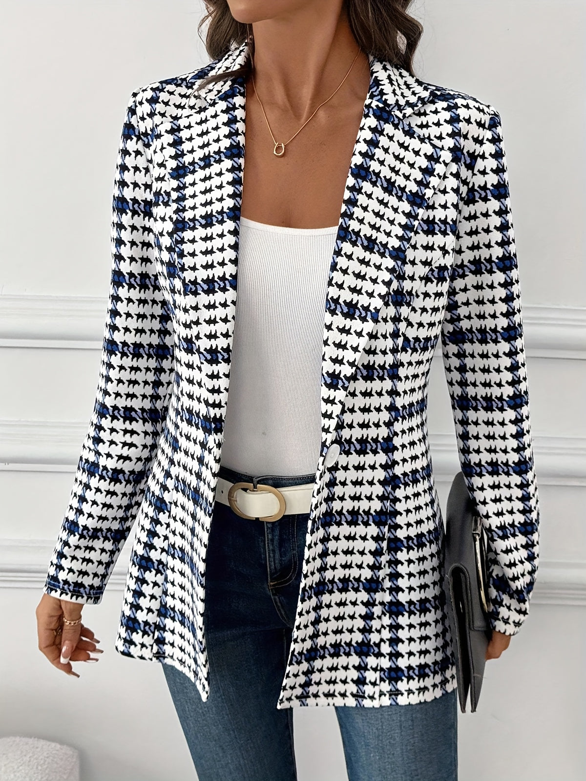 Women's Houndstooth Single-Button Tailored Blazer