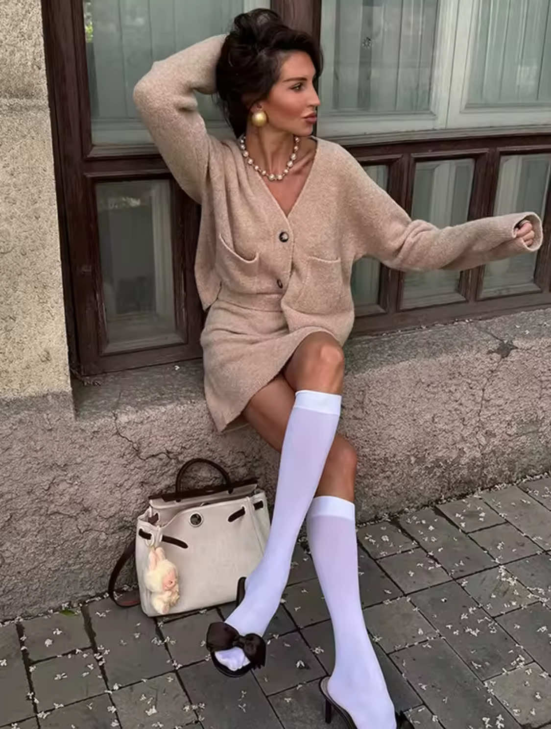 Koriora | Ensemble Knit Marelle Beige — Cardigan Boutons & Mini Jupe Cozy Chic