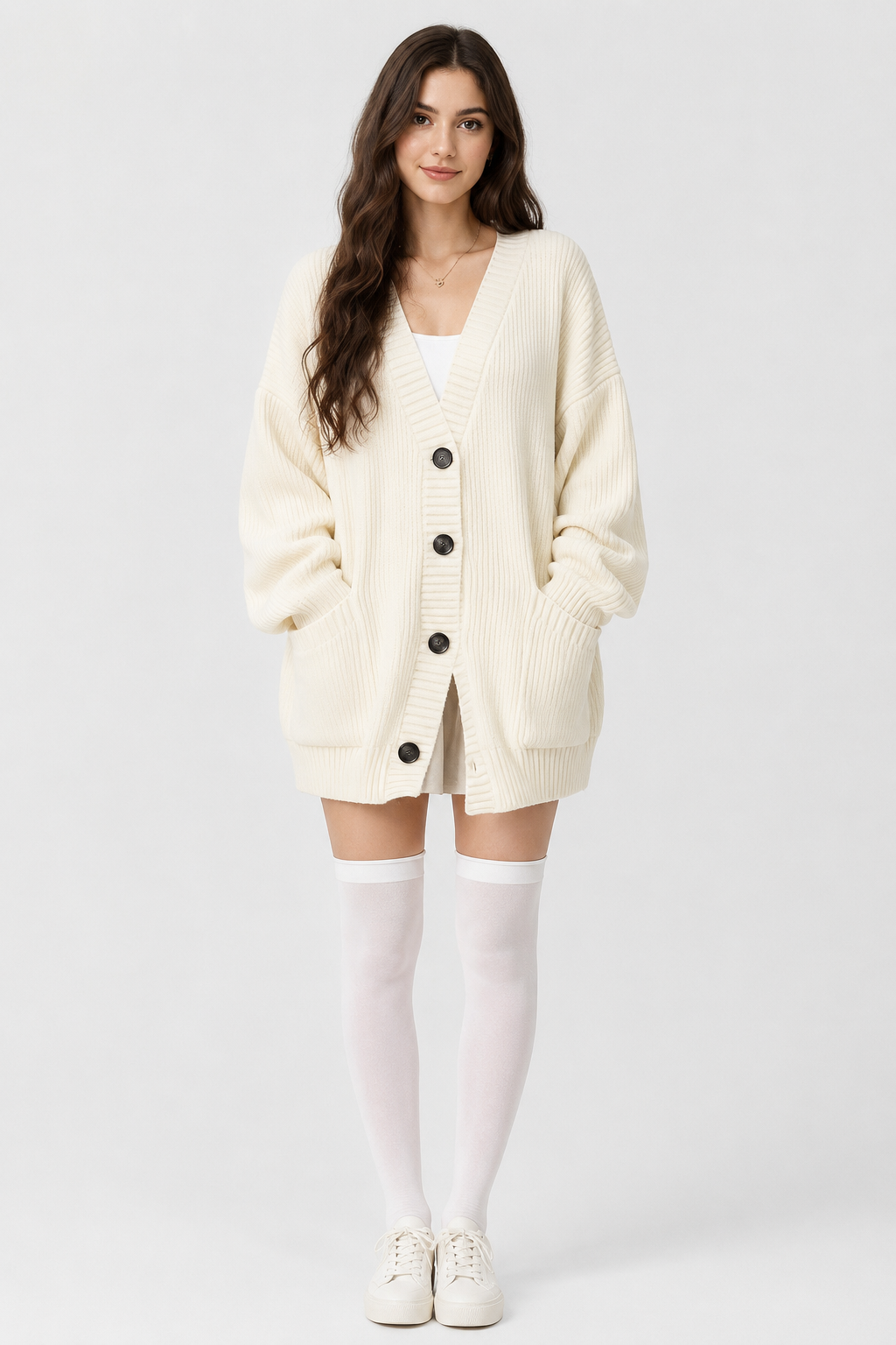 Koriora | "Alba" Oversized Long Ribbed Cardigan — Button-Through V-Neck with Patch Pockets, Black