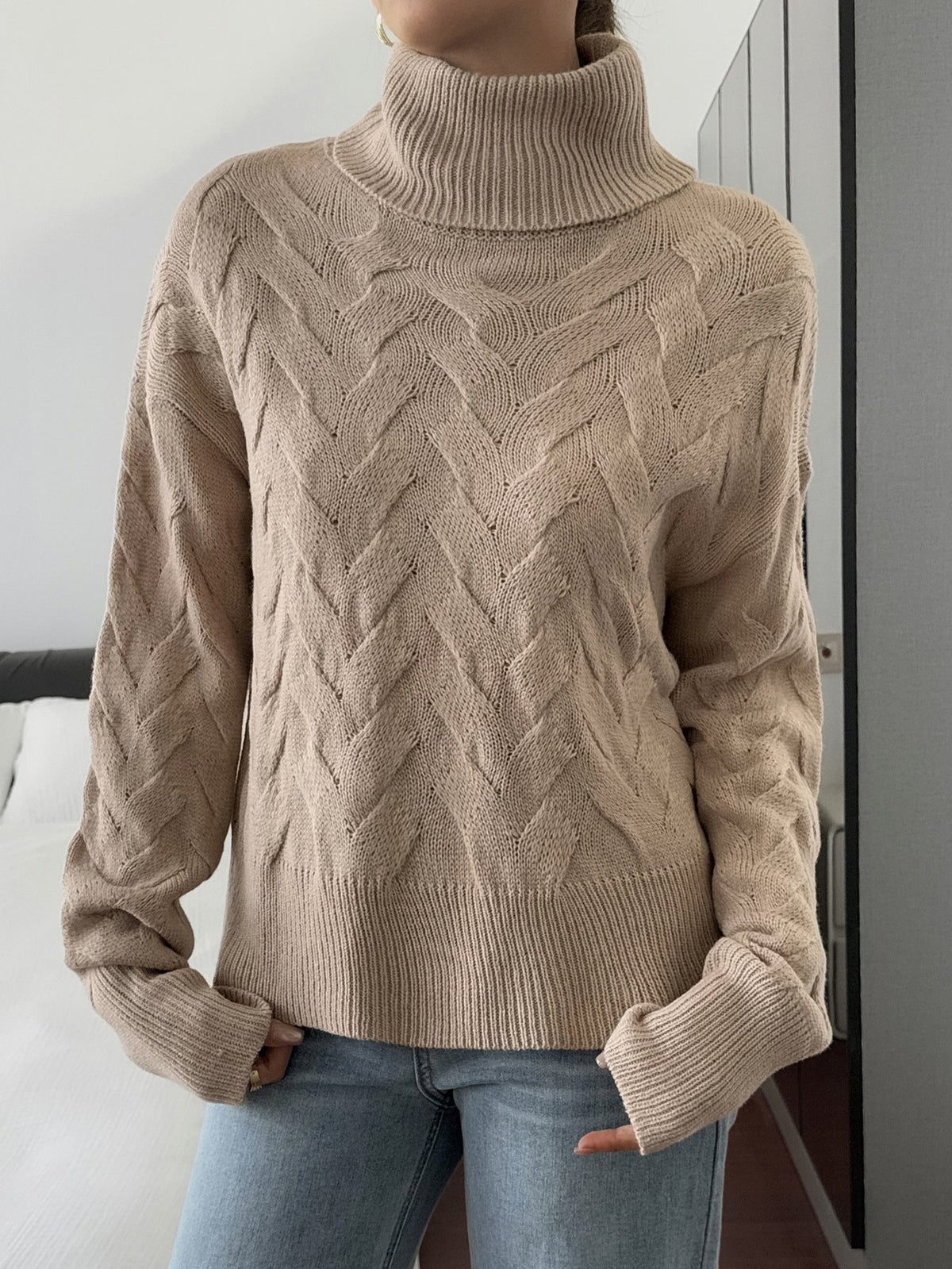 Koriora | "Margaux" High-Neck Cable-Knit Jumper — Soft Stretch Knit, Butter / Cream / Pink
