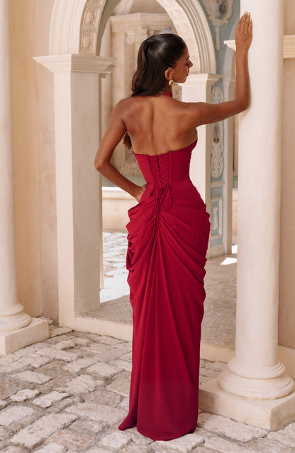 Koriora | Robe Maxi Bustier Linde — Halter Profond & Drapé Asymétrique